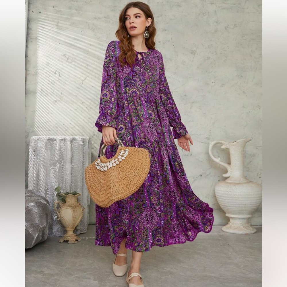SHEIN Mulvari Allover Print Flounce Sleeve Ruffle Hem Smock long sleeve dress